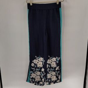 Aerie Split Wide Leg Size Medium Teal Navy And White Floral Stretch Waist Band